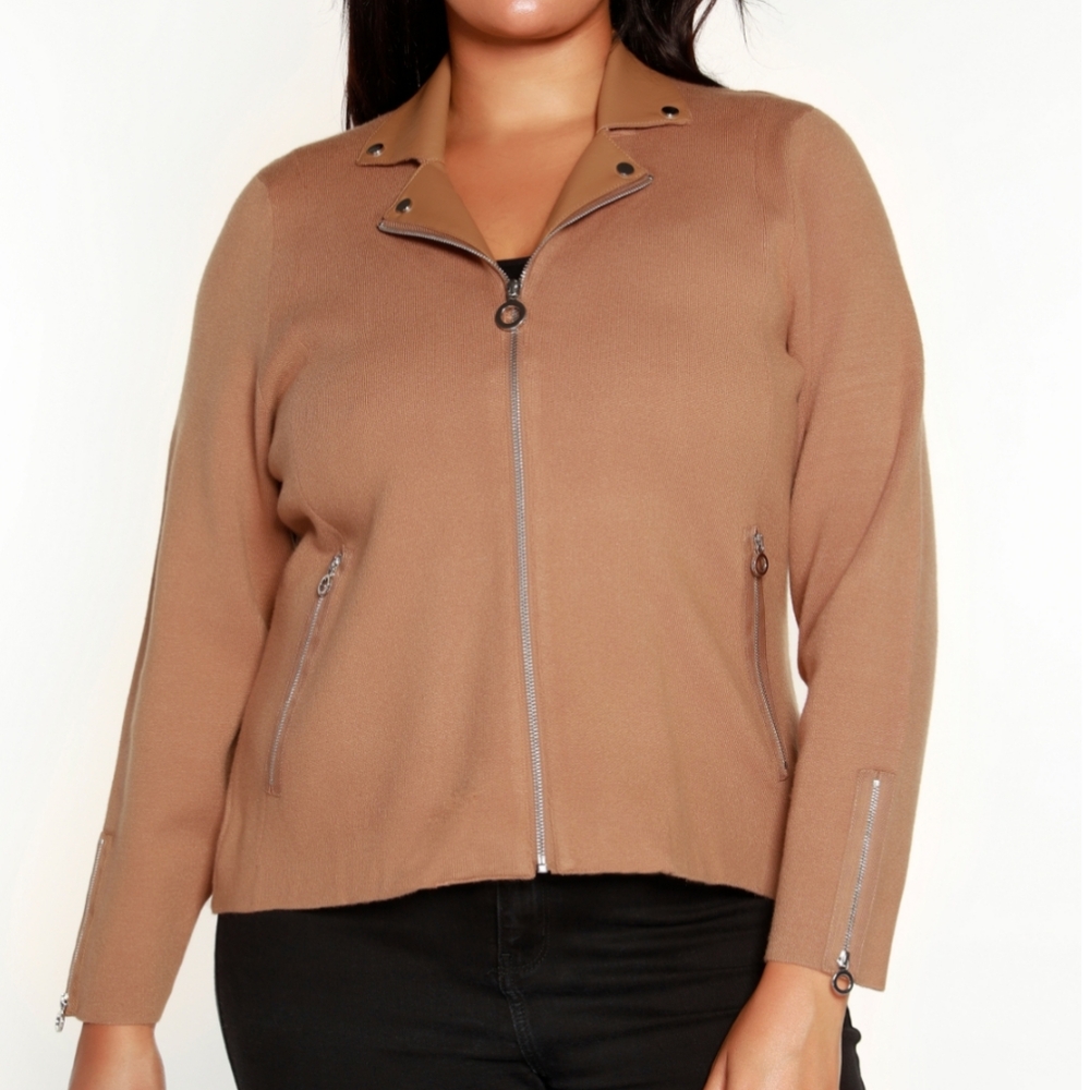 Belldini Black Label Plus Size Motorcycle Sweater Jacket. Almond. Nude Brown 2X.